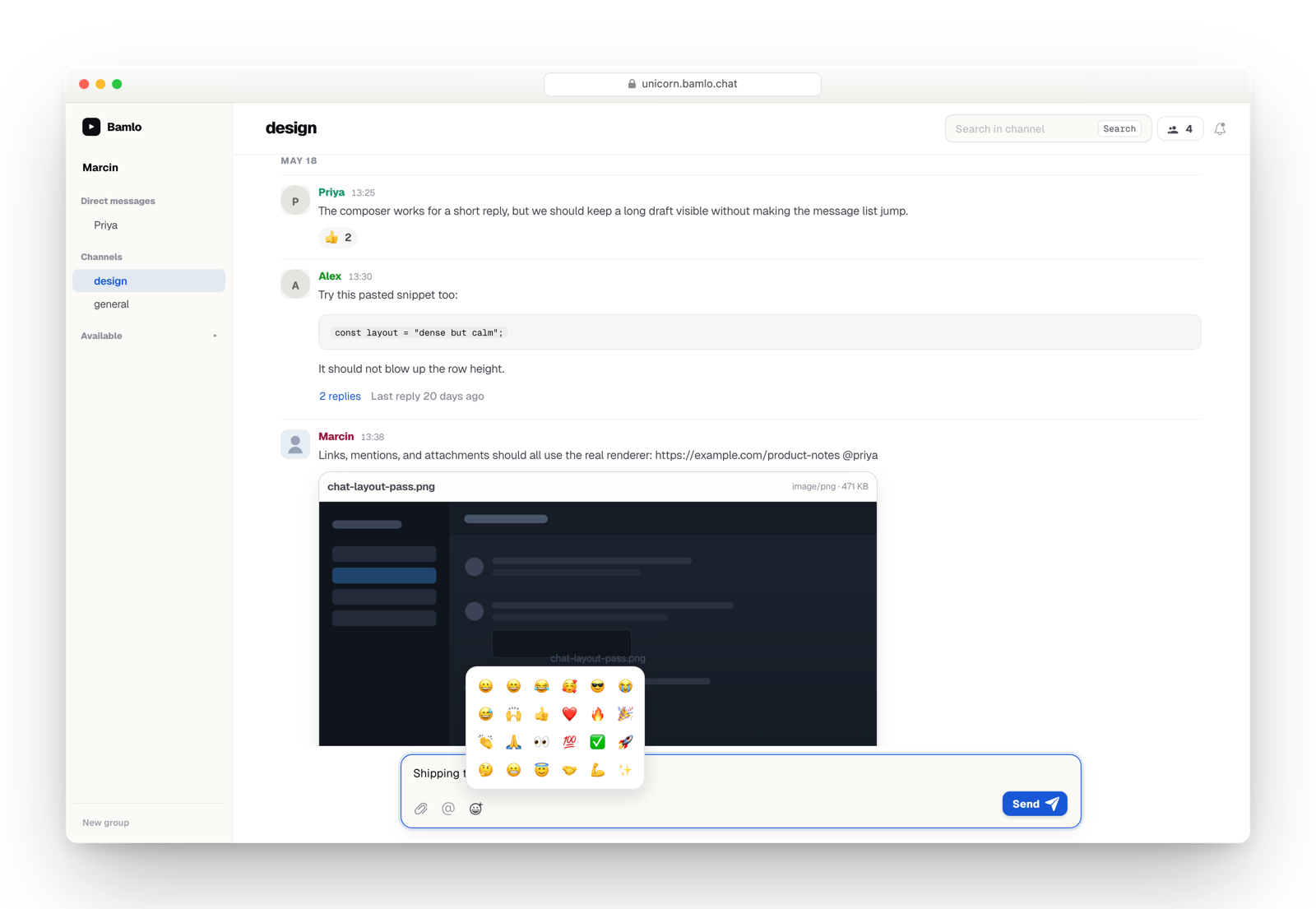 The Bamlo composer with the emoji picker open, ready to react and post a message.