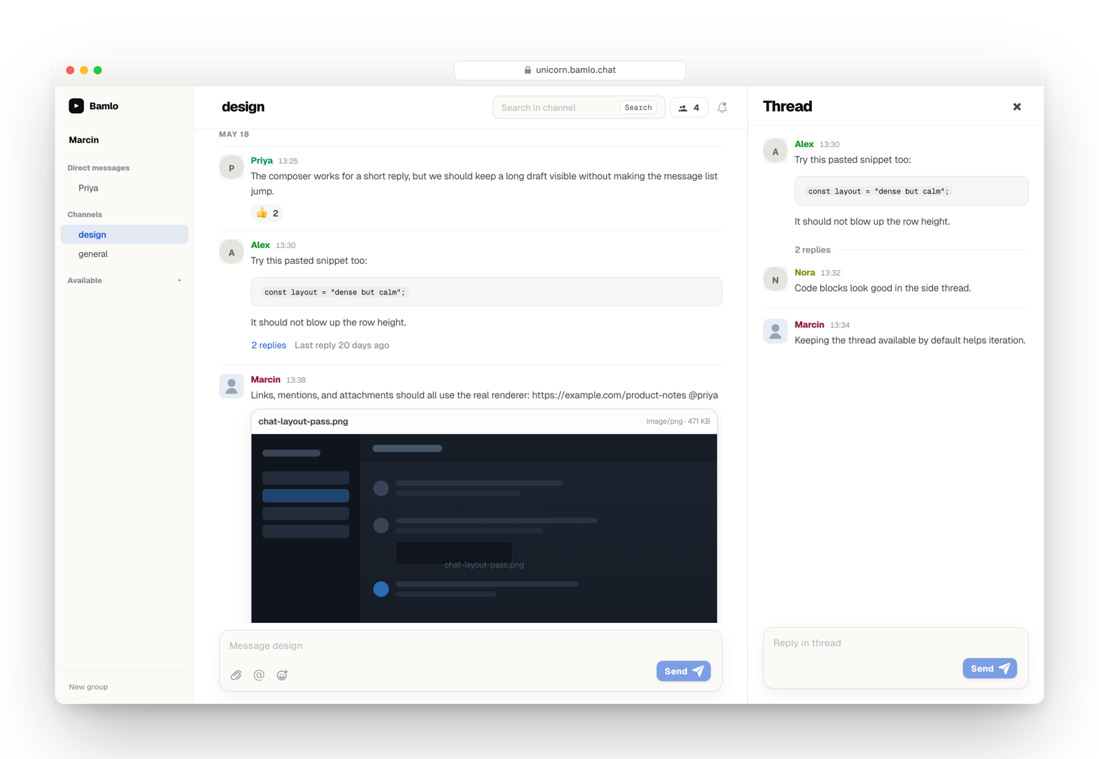A thread open beside the design channel, holding a side conversation about code blocks without crowding the main flow.