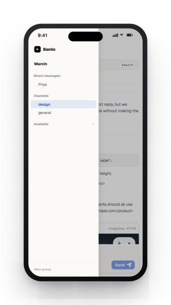 Bamlo on a phone showing the channel and direct-message list.